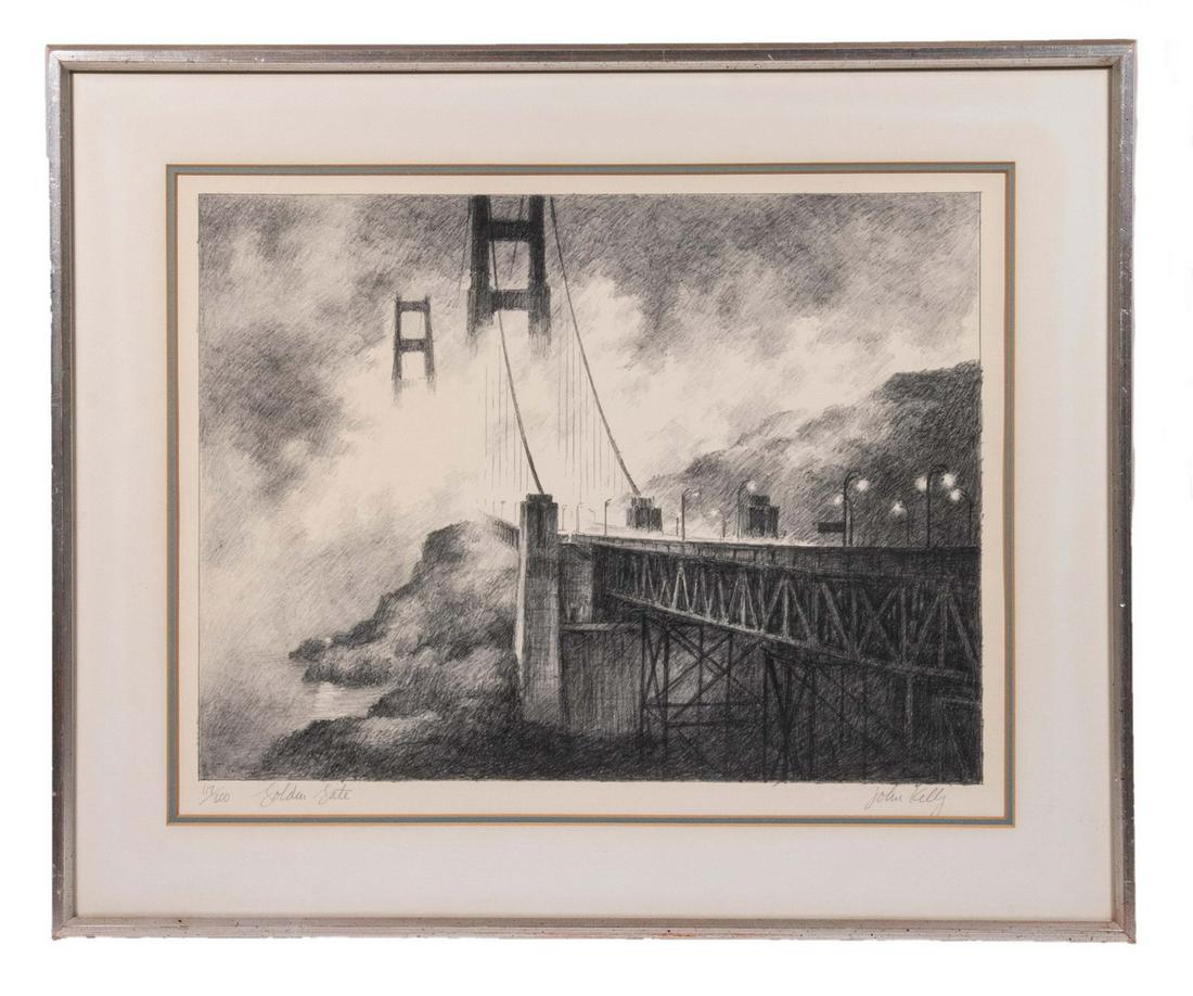 JOHN KELLY (20TH C. CALIFORNIA): "Golden Gate", black and white lithograph on paper, pencil signed, numbered 117/200, circa 1970. In silverleaf mitered frame, matted and glazed, OS: 20 1/2" x 25", image: 13 1/2" x 18", good condition