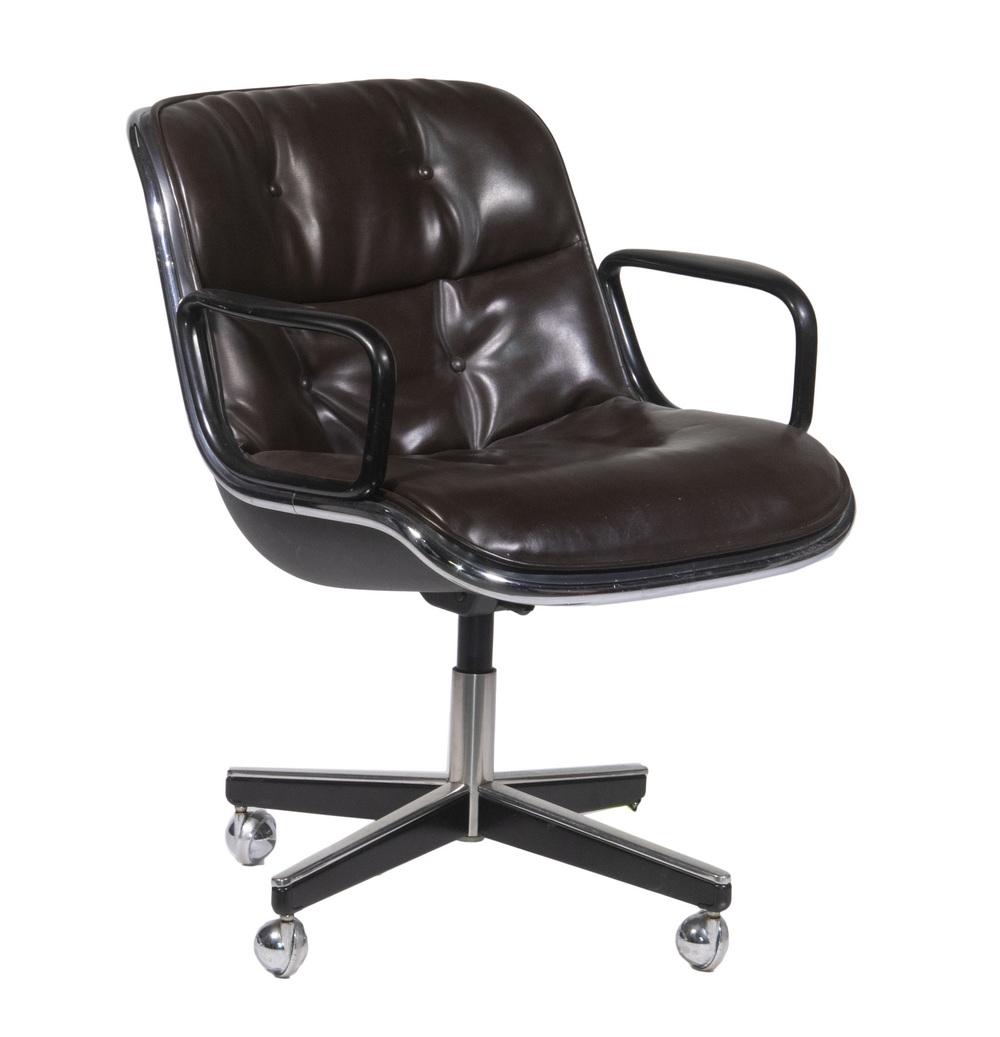 KNOLL BROWN LEATHER OFFICE CHAIR: Kart Metal/Knoll Co. Brown Leather Swivel Office Chair, with original labels, having black arms, chrome frame, on casters (damaged, need replacement), 21" seat, 27" arms, 33" back, 26" x 29", some wea