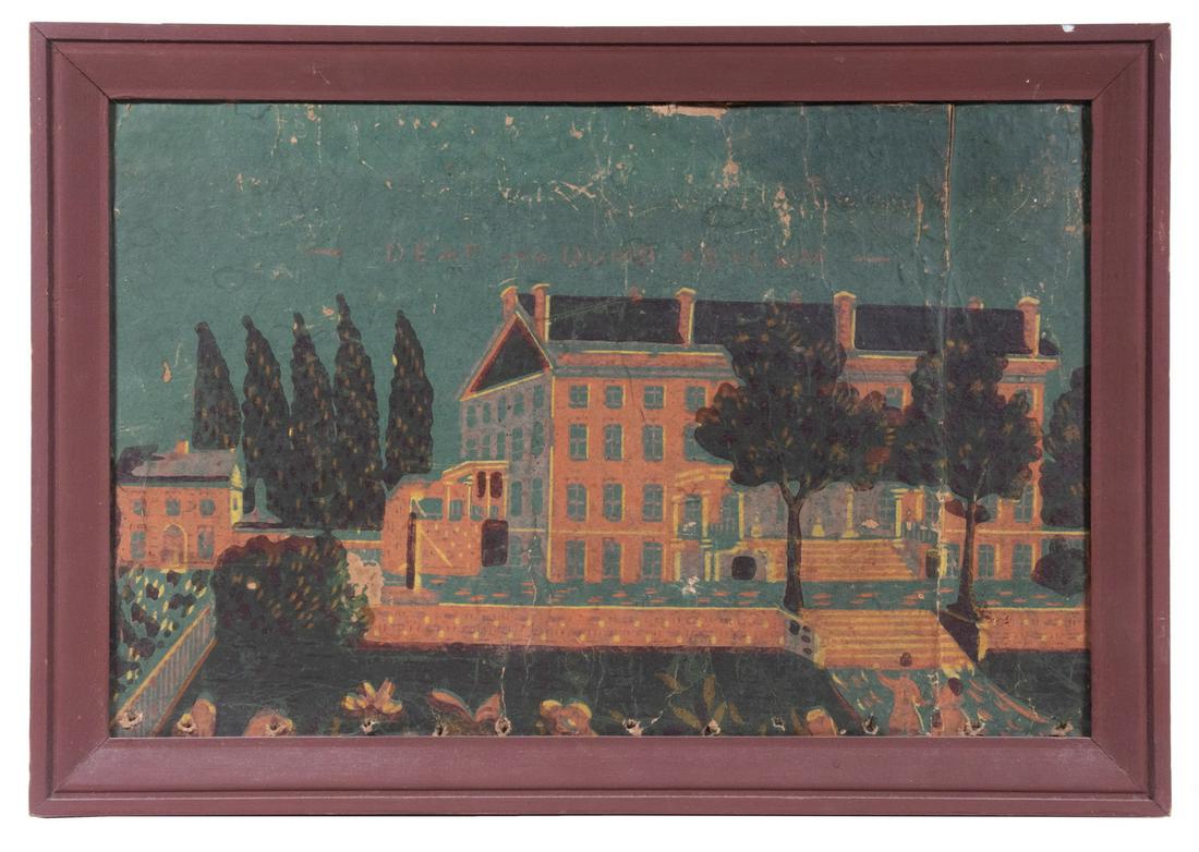FRAMED WALLPAPER FRAGMENT - NYC DEAF AND DUMB ASYLUM: 1830's Woodblock Printed Image of the Deaf and Dumb Institution in New York City (located at 50th Street and Madison, based on an illustration in "Views of New York and its Environs" by Theodore S. Da
