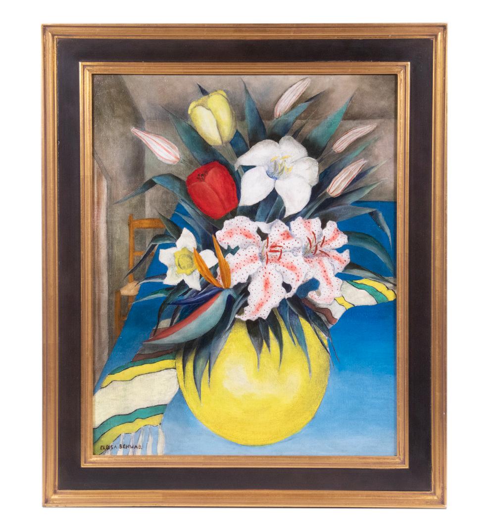ELOISA SCHWAB (US, 1894-1990): Still Life of Lilies in a Yellow Vase, oil on canvas, signed lower left, 1930's label verso from Daniel Gallery of New York, original price: $125; housed in a espresso panel frame w/ gold accents, SS: