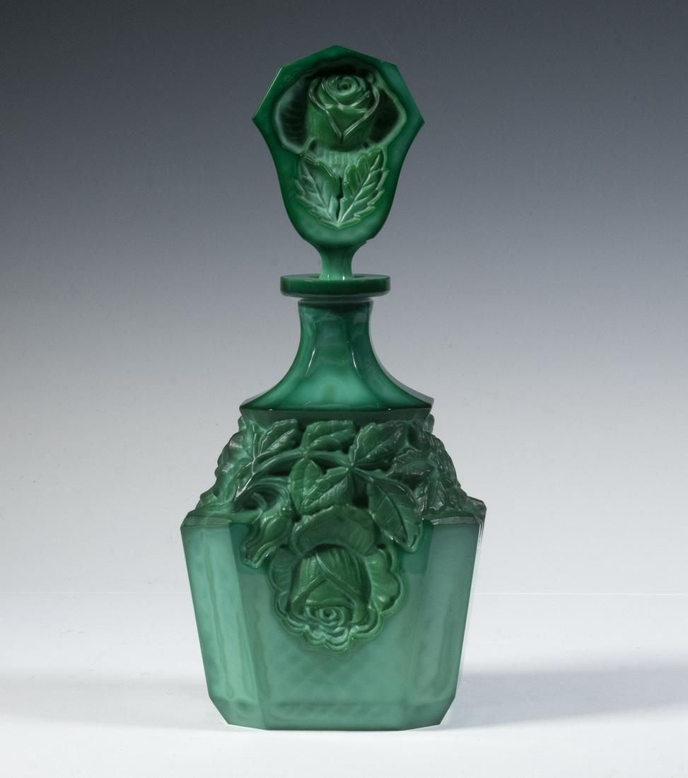 MALACHITE GLASS SCENT BOTTLE: 1930s Era Large Bohemian Glass Stoppered Bottle, with floral decoration, 11" high, 4 3/4" x 3 1/4". Good condition.
