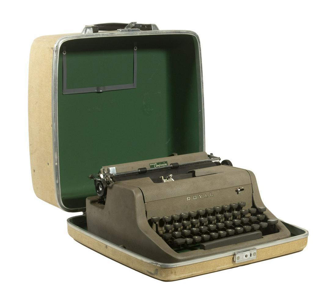 ROYAL PORTABLE TYPEWRITER: Senior Companion Model Typewriter by Royal, ca 1954, with original case, typewriter: 5 1/2" high, 13" x 12", case: 6 1/2" high, 13" x 13 1/2". Wear commensurate with age and use. From the Estate of au