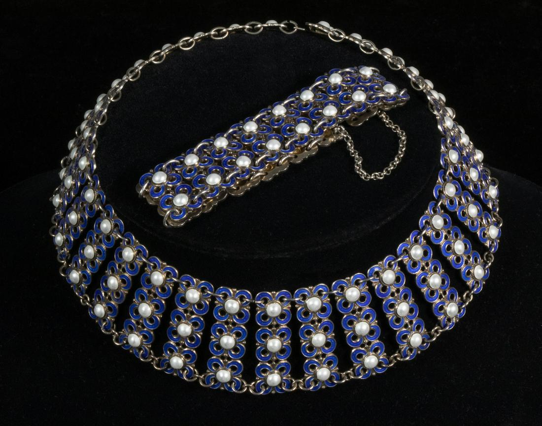 DAVID ANDERSEN (2 PC) SILVER & ENAMEL JEWELRY SUITE: Vintage Blue Enamel and Gilded Sterling Silver Link Winnaess Design Necklace & Bracelet, by Norwegian maker David Andersen, each link set with small pearls, necklace: 1 1/4" wide, 14" long (plus (3) e