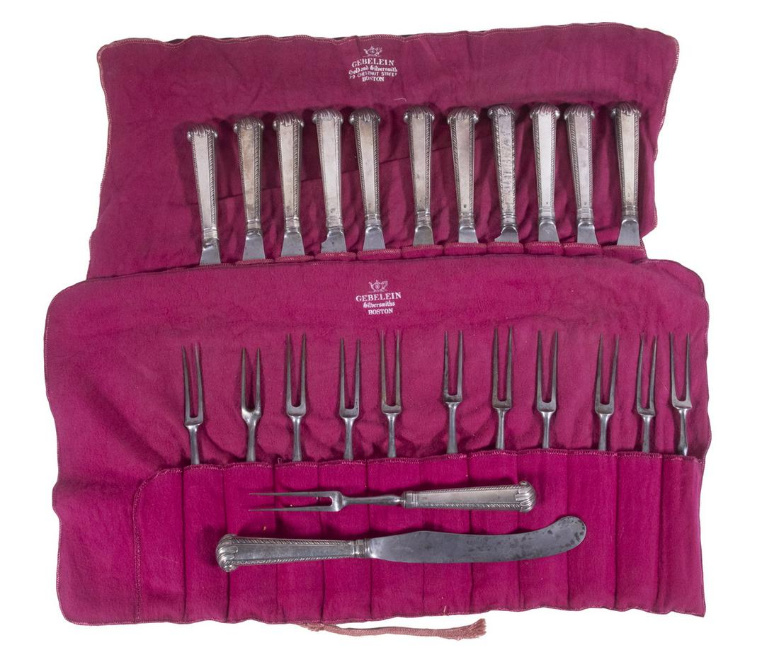 18TH C. ENGLISH STERLING HANDLED CUTLERY SET, WILLIAM ABDY I: Set of (24) George III era Pistol Handle Knives and Two-Tine Cheese or Dessert Forks, stamped with British sterling standard and WA maker's mark, no monograms, knife blades stamped "Charlwood", knives