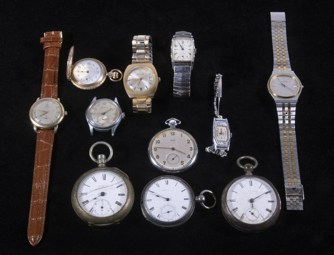 WRISTWATCH & POCKETWATCH COLLECTION: Lot of (11) Assorted Vintage and Antique Watches. Wristwatches include: Gent's Wittnauer KW2457, Elgin stainless steel, Omega Automatic, Waltham 17, and Helvetia 3190 (no band); PLUS Ladies antique Sw