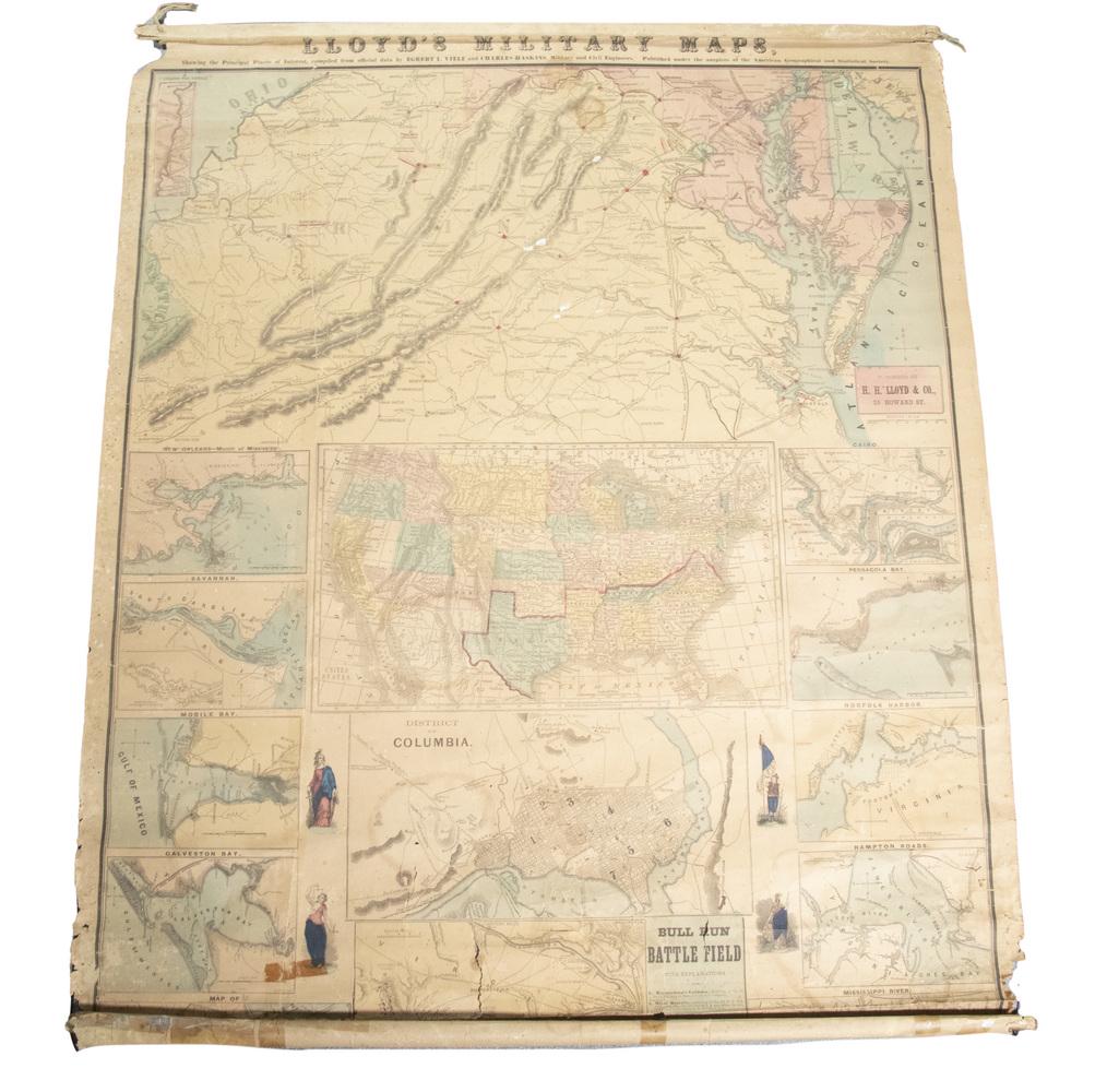 RARE 1861 CIVIL WAR WALL MAP FROM FIRST YEAR OF THE CONFLICT: "Lloyd's Military Maps Showing the Principal Places of Interest. Compiled From Official Data by Egbert L. Viele and Charles Haskins, Military and Civil Engineers. Published Under the Auspices of The A