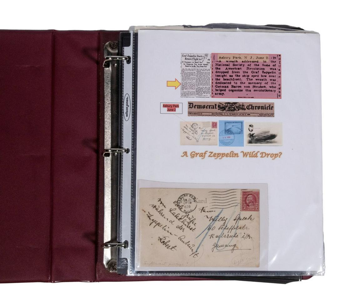 SUBSTANTIAL COLLECTION OF ZEPPELIN POSTAL & EPHEMERA MEMORABILIA: Including: 1930 Asbury Park wreath drop; 1929 VG World Flight Observer Charles Rosendahl to King Kong creator Merian C. Cooper; 1937 Hindenburg cover; 1937 Hindenburg cancel; Universal Pictures of Ber