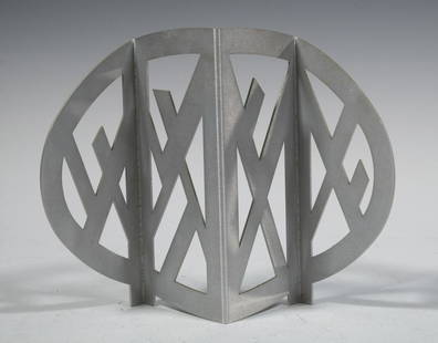 GATE DESIGN BY RICHARD FILIPOWSKI (NY, 1923-2008): Wire brushed cut aluminum sheet, engraved signature "Filip, 01". 9" x 10 1/4" x 2 3/4". Member of the "New Bauhaus", mentored by Moholy-Nagy.