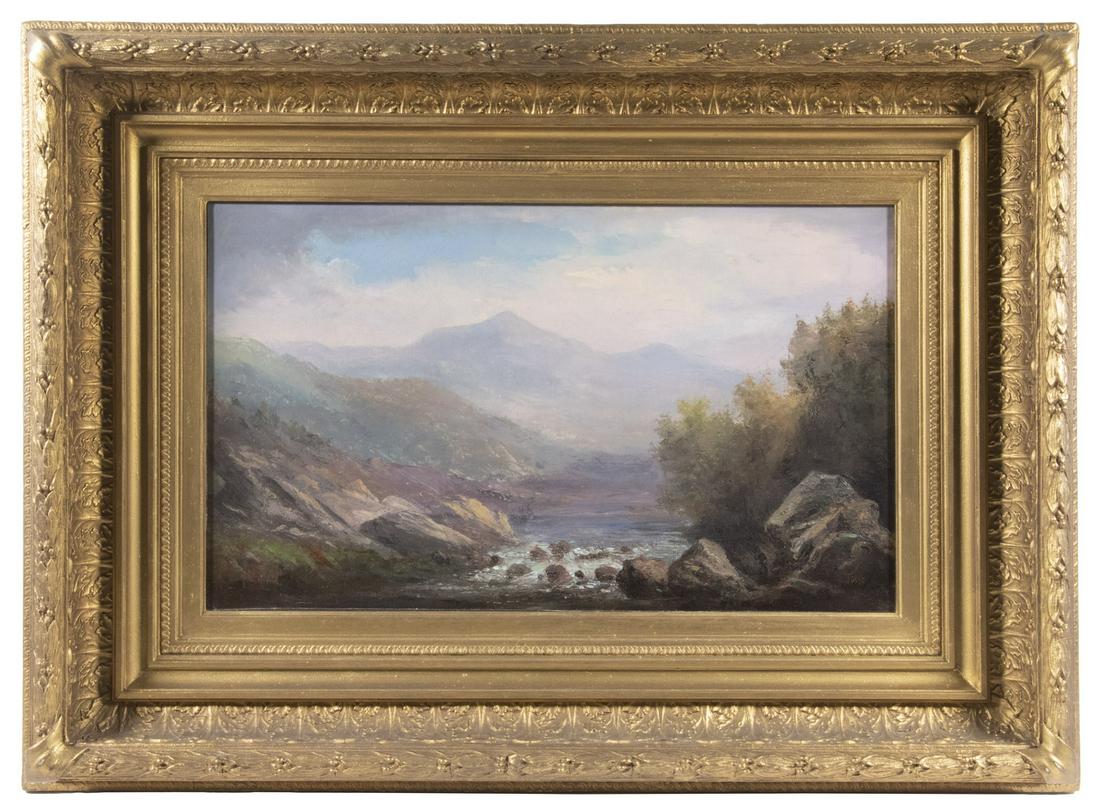 JOHN WHITE ALLEN SCOTT (MA, 1815-1907): Profile Lake, Franconia, NH, oil on canvas, monogram lower right, in vintage gold gesso deep cove frame, OS: 22" x 29 1/2", SS: 12" x 19 1/2", cleaned and relined. Label verso from Hawthorne Fine Art