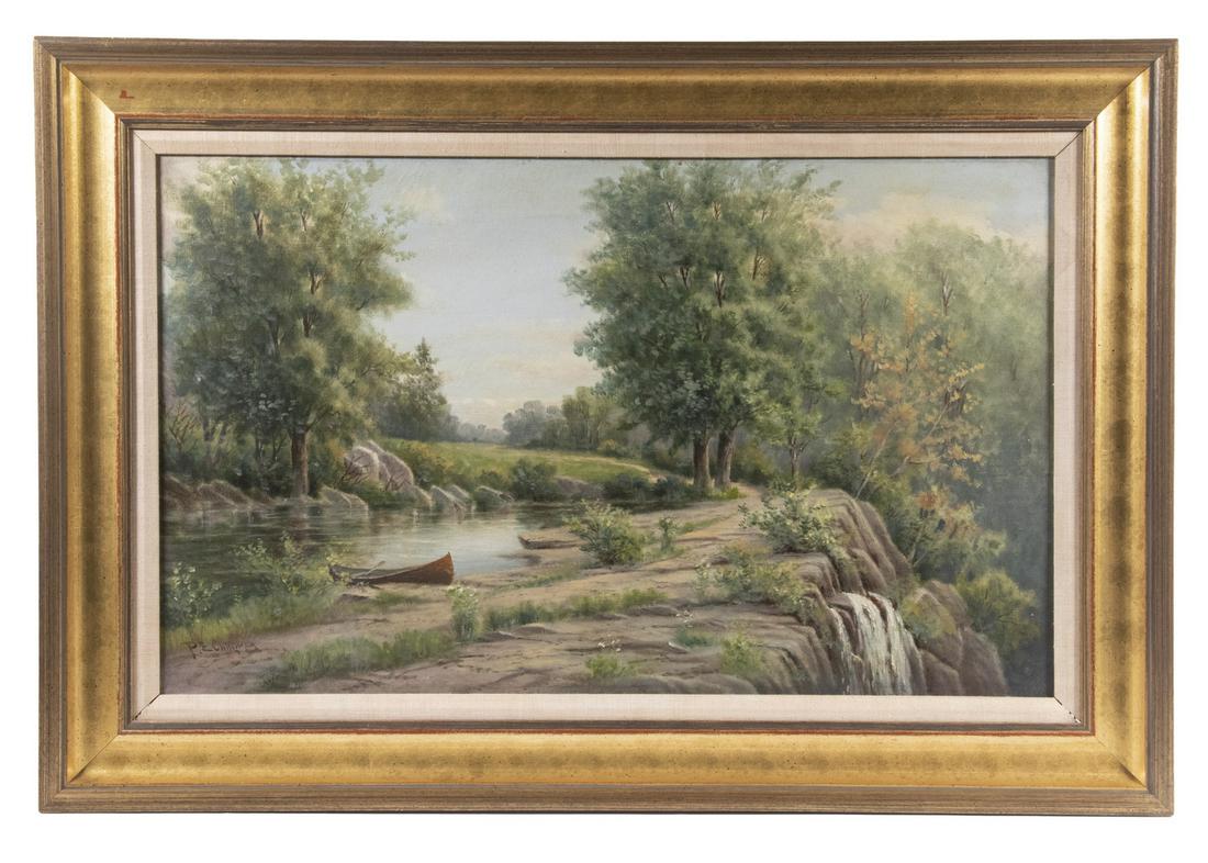 PHILIP EDWARD CHILLMAN (PA, 1841-1915): Canoes in Pond with cascade to right, oil on canvas, signed lower left, in modern gold cove frame with linen liner, OS: 21 1/2" x 32 1/2", SS: 15 1/2" x 25 1/2".