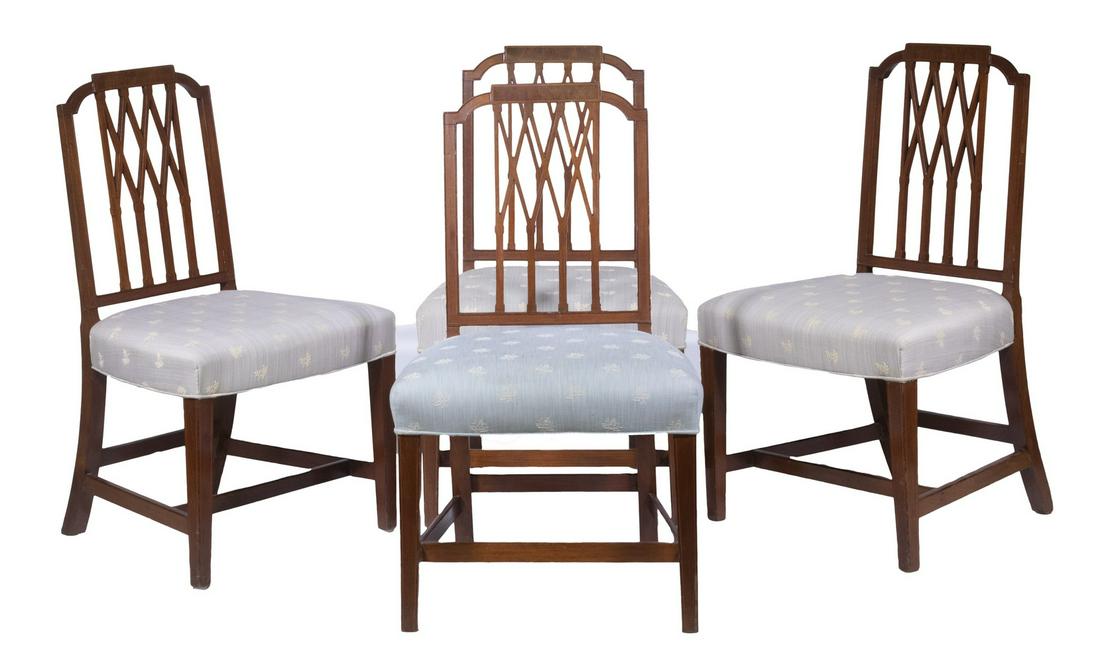 INLAID MAHOGANY SIDE CHAIRS: Set of (4) Federal Style Dining Chairs, each having a shaped top with burl veneer and string inlaid panel, diamond pattern pierced back, serpentine front upholstered seats, set on string inlaid square