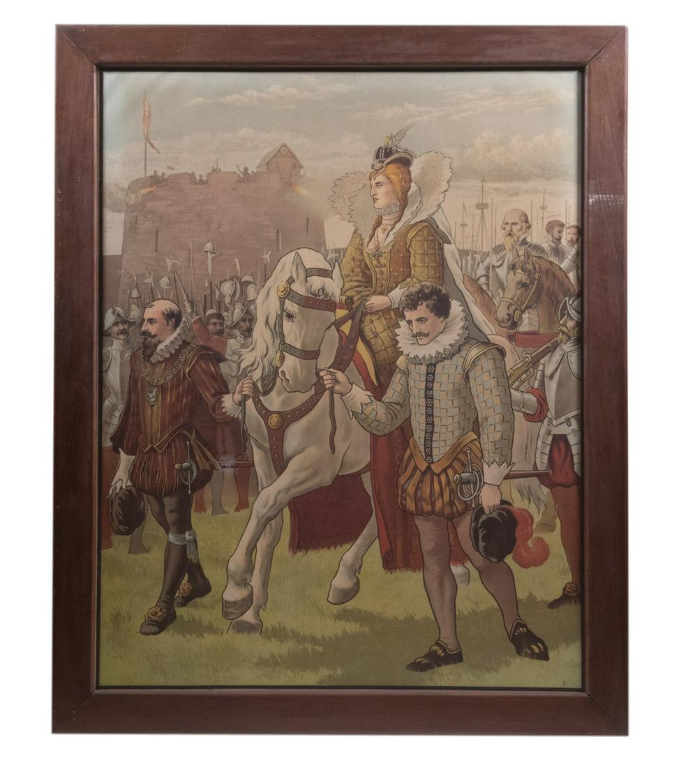 BROADSIDE ILLUSTRATION, ENGLISH AESTHETIC PERIOD: 8 August 1588, Queen Elizabeth I Arrives at Tilbury Fort, color litho, unsigned, in a red walnut panel frame, under old, rippled glass. 48" x 39" overall. She had accepted an invitation from Robert Du