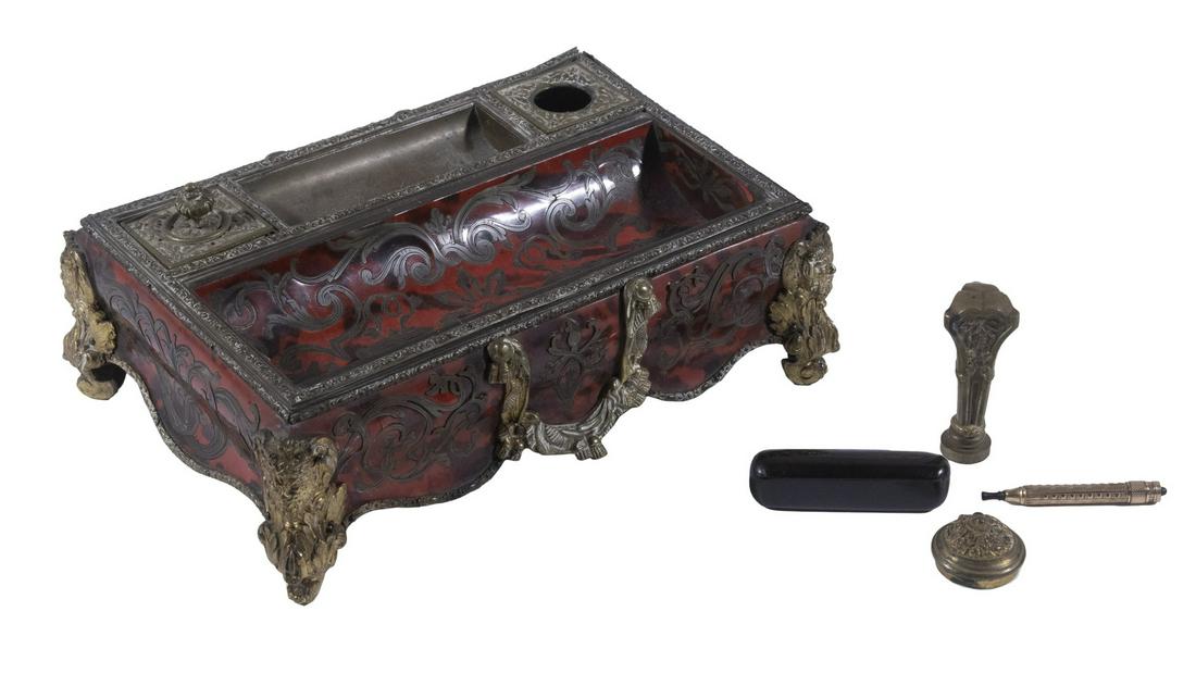 VERVELLE PARIS BOULLE DESK STAND: Mid-19th c. French Bronze Mounted Ink Stand, by Maison Vervelle, in red stained tortoiseshell with brass marquetry inlay and bronze figural corner mounts, with lidded bottle holders, wells for pens an