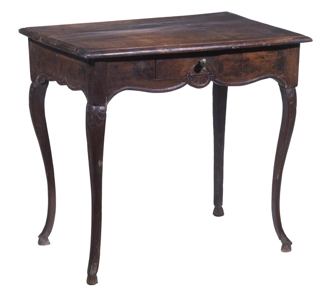 18TH C. FRENCH WRITING TABLE: Louis XV Walnut Single Drawer Table, with molded edge top, drawer with shell carved lower edge, carved and shaped frieze, cabriole legs with leaf carved tops, 30 1/2" high, 33" x 21 3/4". Wear commens