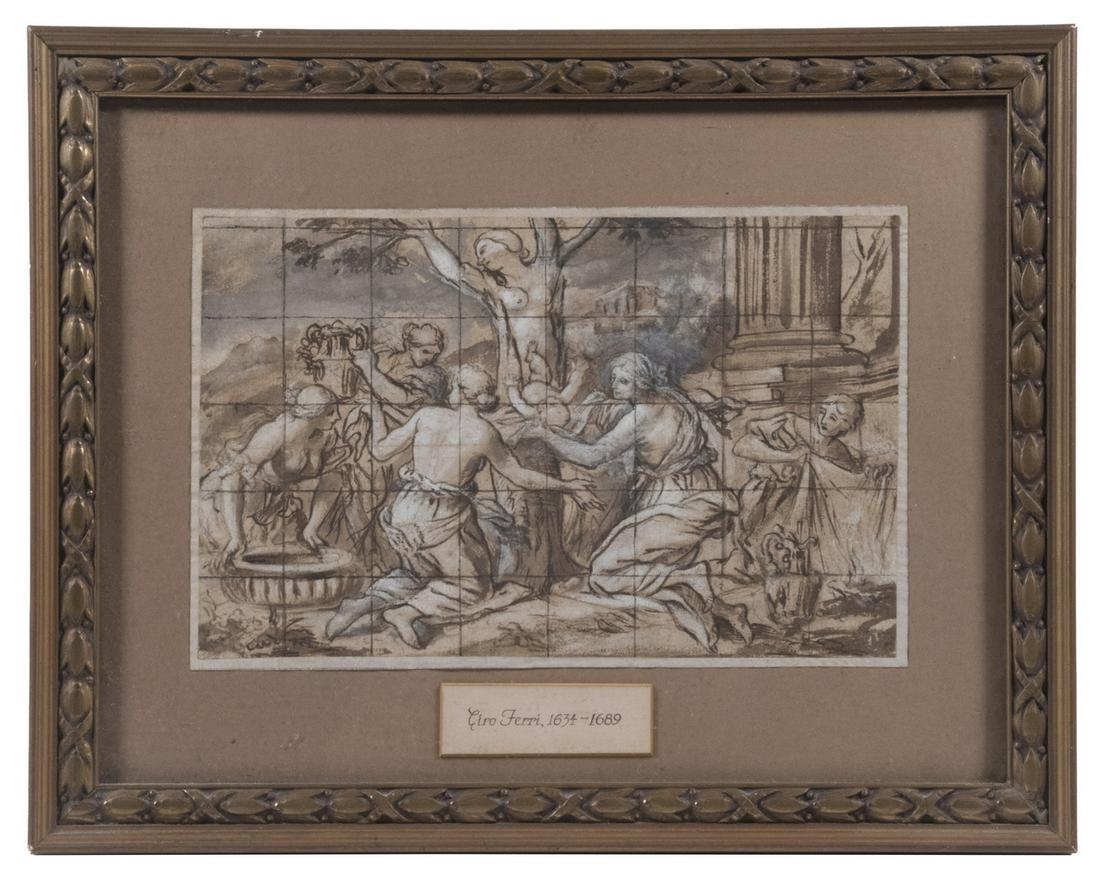 CIRO FERRI (ITALY, 1634-1689): The Myth of Daphne, watercolor on laid paper, gridded out for scaling to a larger painting or mural, in gilt acanthus leaf frame, matted and glazed, OS: 11 1/2" x 14 1/2", SS: 6 1/2" x 10".