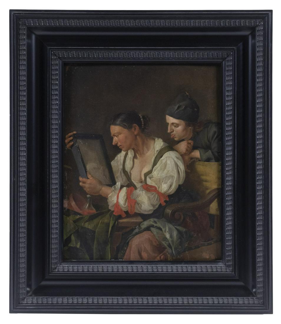 IN THE MANNER OF GERARD TER BORCH THE YOUNGER (NETHERLANDS, 1617-1681).: Flemish Genre Scene of a woman examining her self in a mirror. Her servant blows raspberries at it from behind her brining an element of satire. Oil on hand-hammered copper, unsigned, in modern black