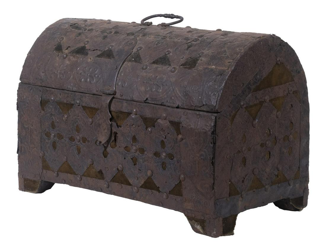 SPANISH COLONIAL DOME TOP BOX: 18th - Early 19th c. Storage Box, in leather covered wood with tooled sheet iron decorated mounts, with hand wrought top handle and front latch, footed base, 10 1/2" high, 16" x 8 1/2". Losses commens