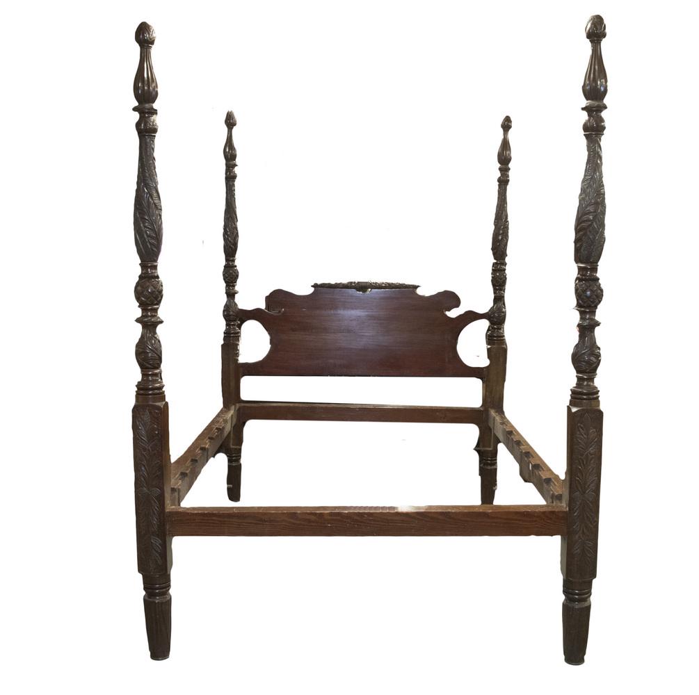 CARVED WEST INDIAN FULL-SIZE MAHOGANY BED: 19th c. Barbados Four-Poster, having intricately carved and turned mahogany posts with acanthus leaves and pineapple motifs, rolling pin topped shaped headboard, with footboard and side rails, 86" hig