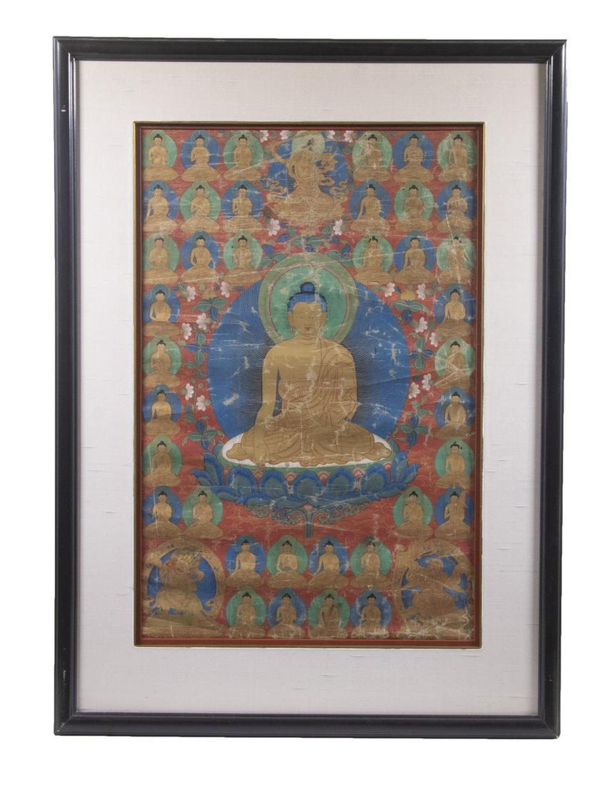 18TH C. TIBETAN THANGKA: The Buddha surrounded by thirty-eight acolytes, with Quanyin at top, pair of Mara in the bottom corners, gouache on fabric, in modern black frame, under silk mat and plexiglass. OS: 33" x 24", SS: 24"