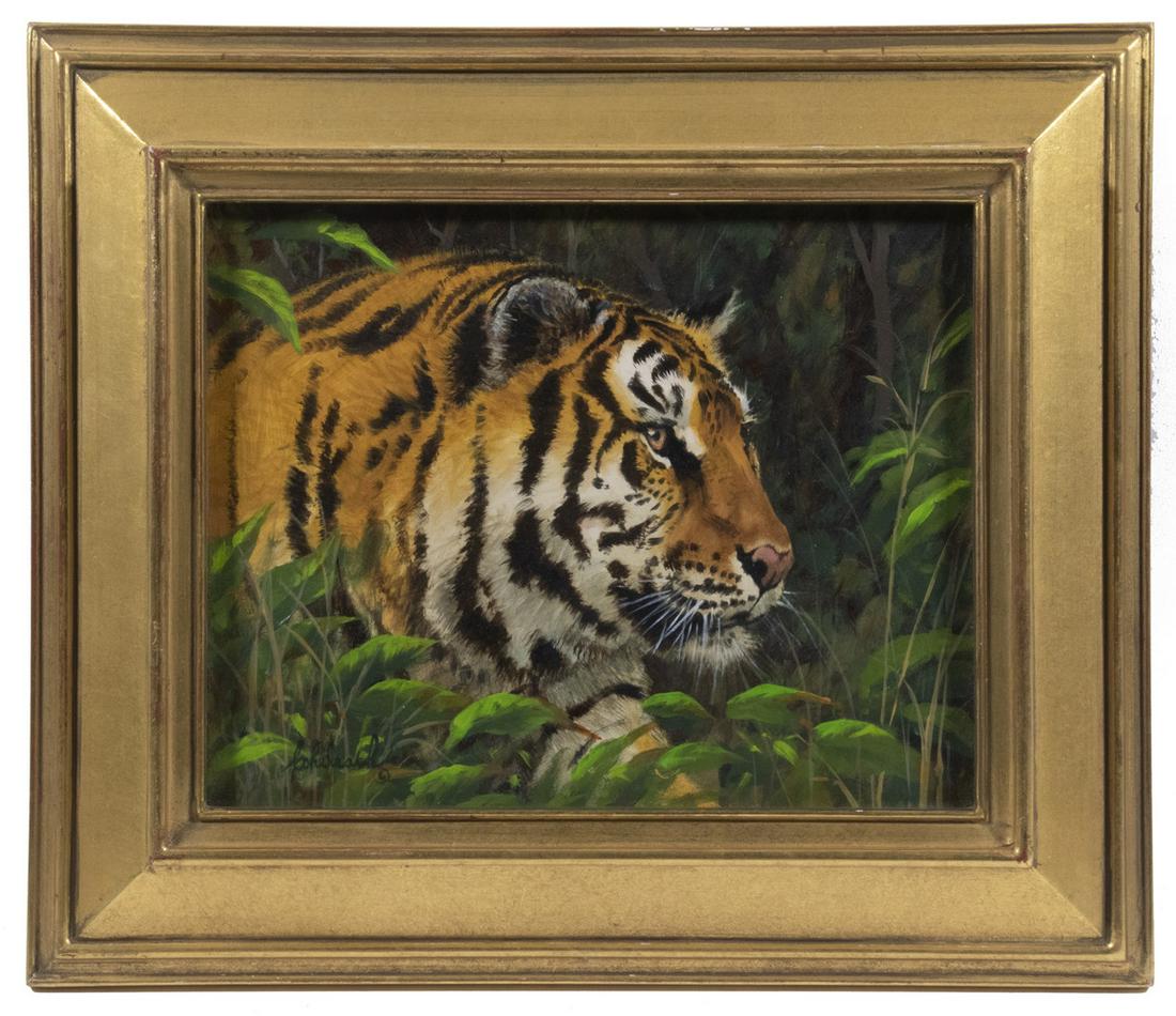 GUY COHELEACH (NY/NJ, 1933- ) PAINTING & BOOKS: "Tiger (Head)", oil on board, signed lower left, with J.N. Bartfield Galleries (NY, NY) label affixed verso containing artist name, title and medium, in a gilded wooden frame, OS: 12" x 14", SS: 7 1/2