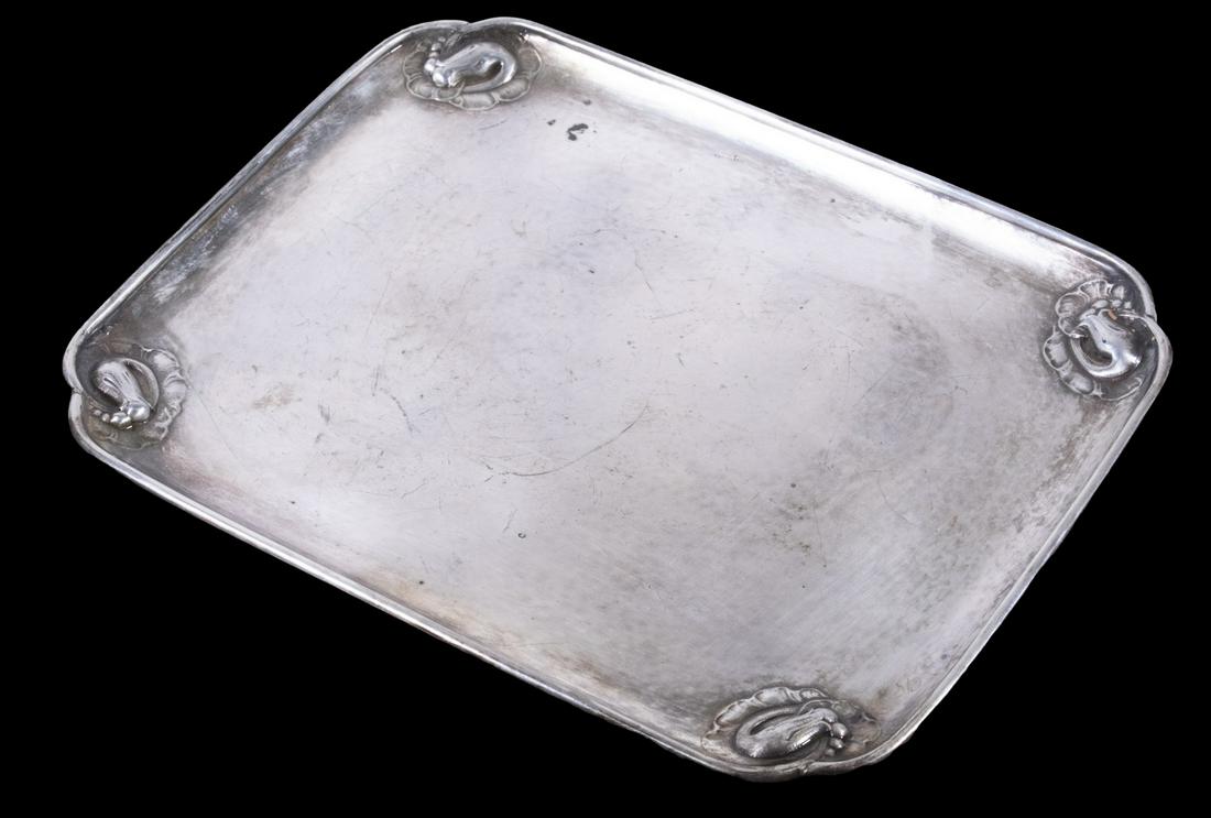 GEORG JENSEN STERLING "BLOSSOM" RECTANGULAR TRAY: Danish Art Nouveau Design Hand Hammered Silver Tray by Georg Jensen, circa 1950, Blossom pattern No. 2 L, with repousse floral design corners, rolled rim, base engraved "To Florence from George, 35th