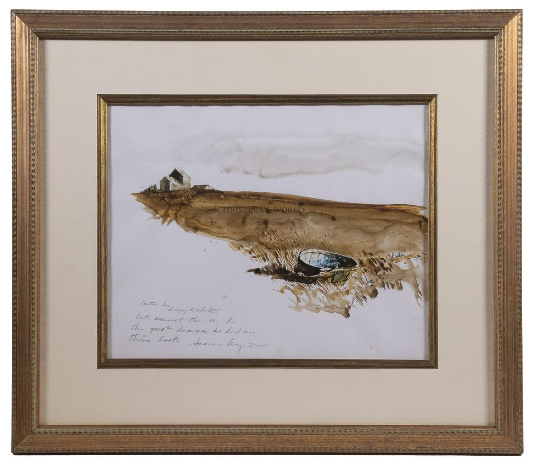 ANDREW NEWELL WYETH (PA/ME, 1917-2009): An Original Watercolor Remarque on the front free endpaper title sheet from book "Christina's World" (Houghton Mifflin, Boston, 1982). Inscribed to the book designer "Painted for Larry Webster with wa