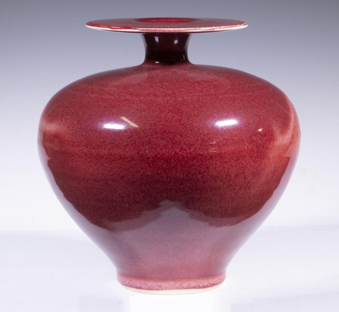 BROTHER THOMAS BEZANSON (CANADA/VT, 1929-2007): Art Pottery Vase, with copper red glaze, bulbous form with wide flat rim and narrow neck, incised "Benedictine Monks, Weston, Vermont" and with Bezanson's cipher from 1970-1980, 9 1/2" high, 9" diam.