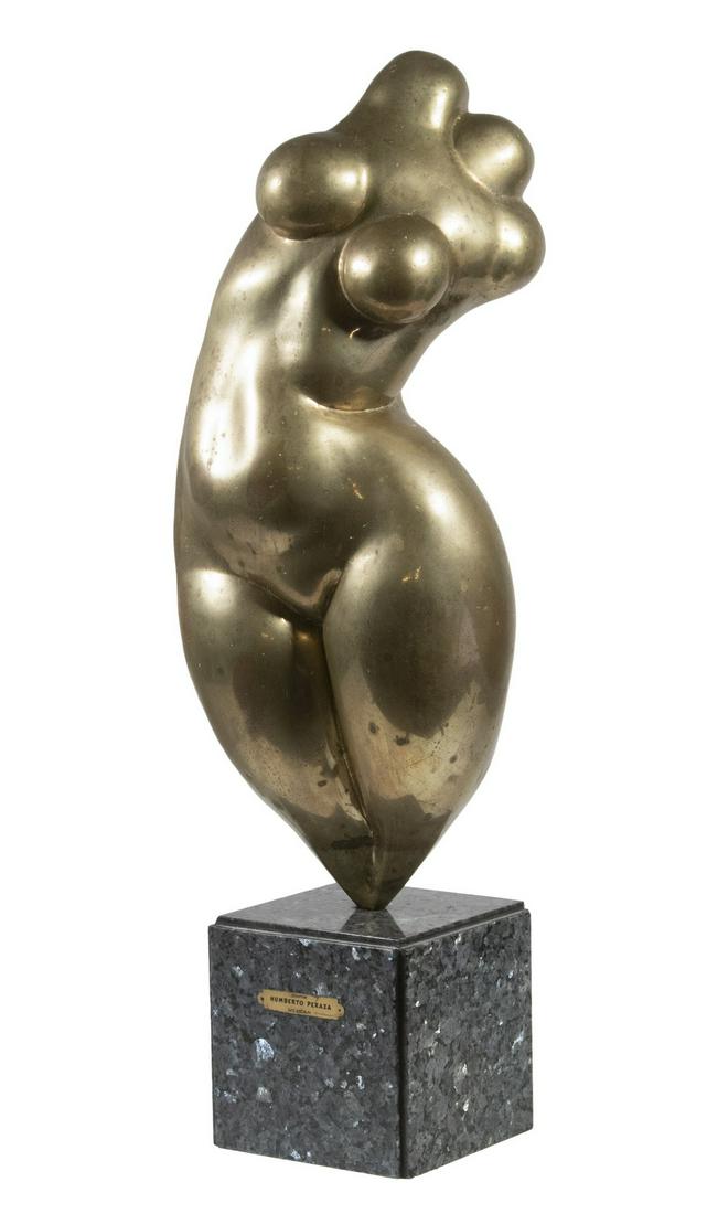 HUMBERTO PERAZA (MEXICO, 1925 - 2016): Modernist Female Figure in Brass, signed "H. Peraza" on shoulder and dated '66. Mounted on granite plinth with name tag. 23" tall sculpture, 29" tall overall. Good condition.