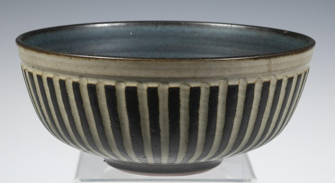HARRISON MCINTOSH (CA, 1914-2016) ART POTTERY: Glazed Stoneware Bowl, exterior having incised lines with a matte brown glaze and taupe inner glaze, blue glazed interior, base with impressed artist monogram mark and affixed paper "Harrison McIntosh