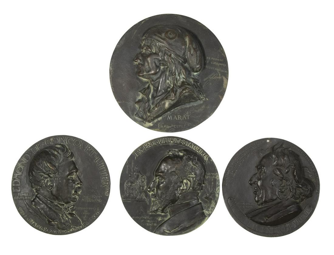 (4) BRONZE ARCHITECTURAL RELIEF COMMEMORATIVE RONDELS: Including: "Marat; l'Ami du Peuple, Ne Pouvant le Corrompre ils l'ont Assasine", no maker's mark, 8 1/2" diam.; PLUS "Eugene Guillame Statuaire, Ringel D'Illzach SC MDCCOL X XXIV, Ne a Montbard cote d