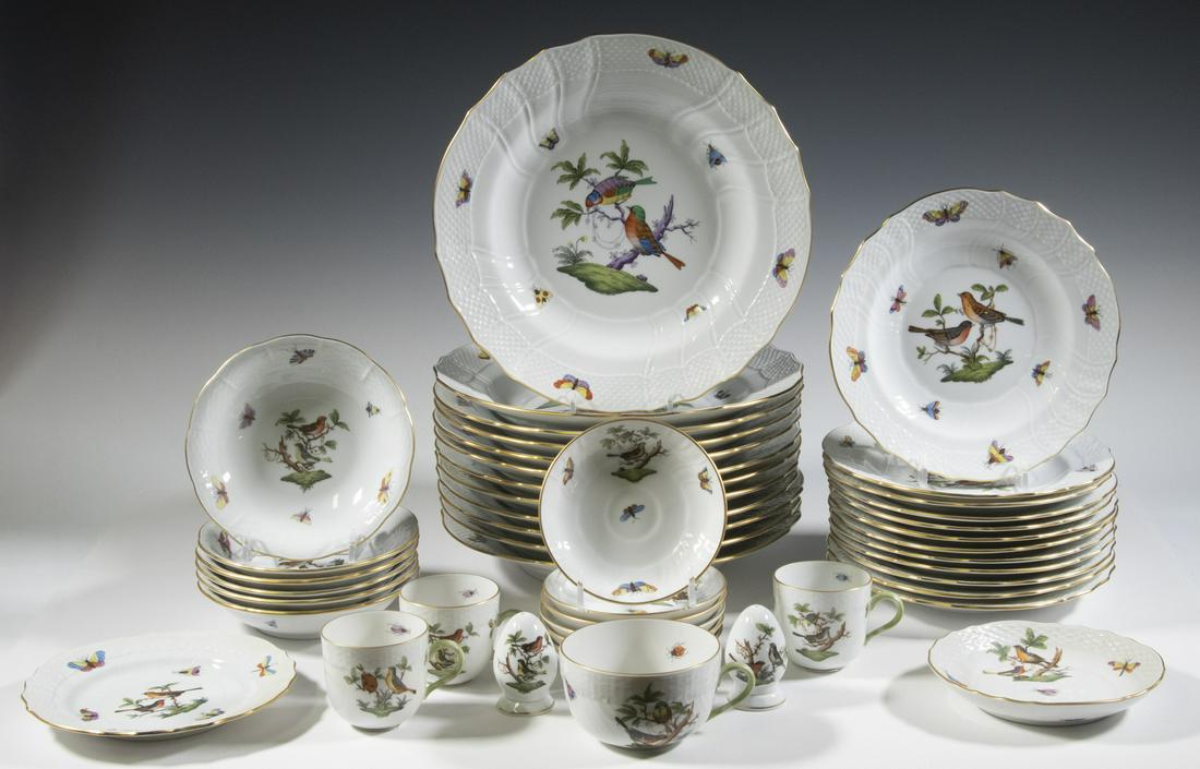 HEREND "ROTHSCHILD BIRD" PORCELAIN: (44)-Piece Hungarian Porcelain Partial Dinner Set by Herend, incl: (12) Dinner plates, 10" diam.; (12) Salad plates, 7 1/2" diam.; (6) Small bowls, 5 5/8" diam.; (1) Small plate, 6 1/8" diam.; (3) Dem
