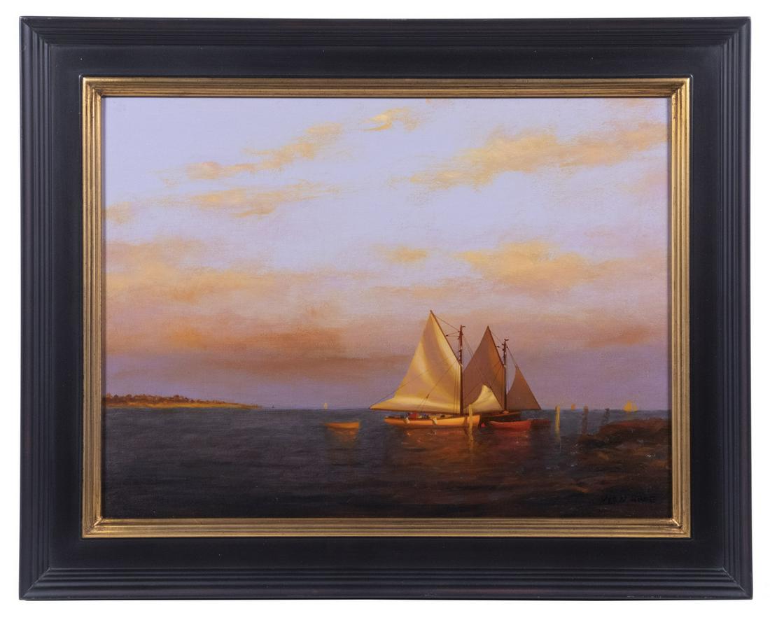 VERNON BROE (ME/IL, 1930-2011): Two Yachts at Anchor with Kedged Sails in Outer Harbor, oil on canvas board, signed lower right, in custom molded panel gold and black Arts & Crafts style frame, OS: 15 3/4" x 19 3/4", SS" 11 1/2" x 1