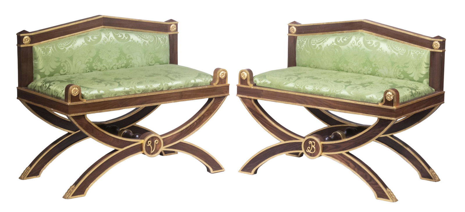 PR CUSTOM ROSEWOOD HALL SETTEES: Pair of Hand Crafted Neoclassical Style Settees, each with pyramidal crest, raised and gilded highlights, green damask silk upholstered seat and back (both sides), and set on a curule form base, one w