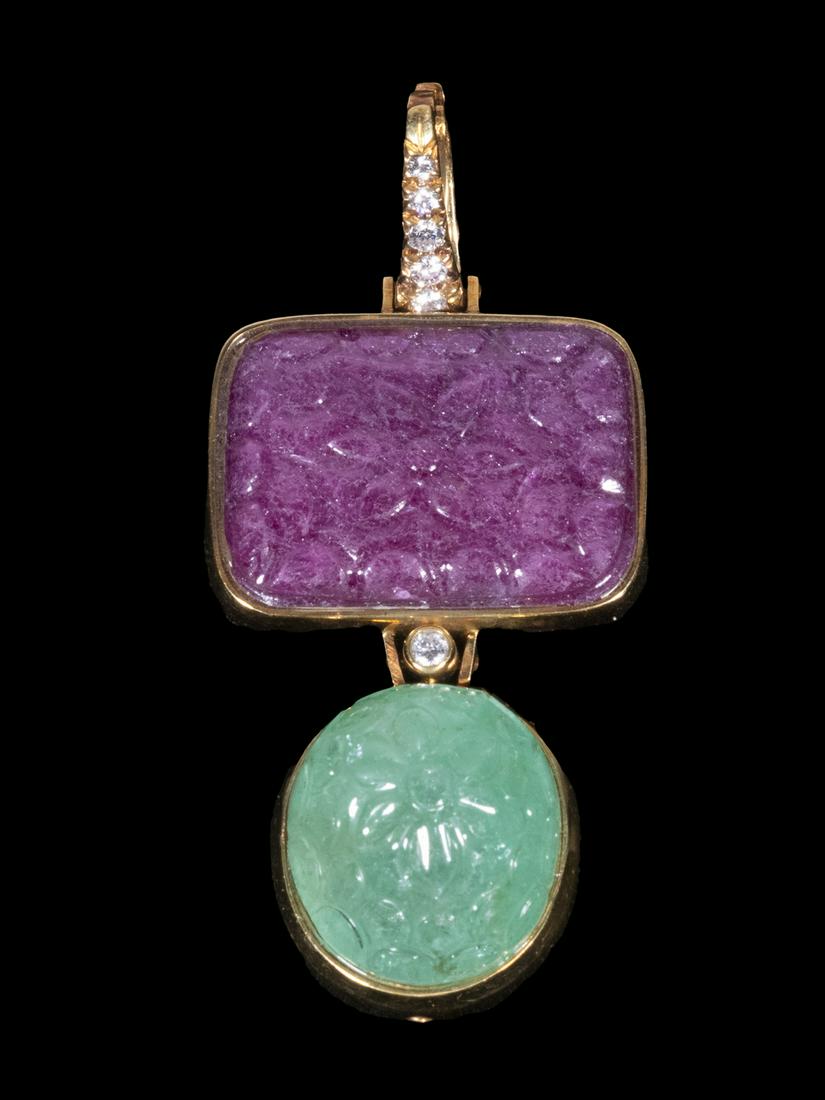 ANDREW CLUNN RUBY, EMERALD & DIAMOND PENDANT: 18K Yellow Gold Mounted Pendant, set with a rectangular floral Mughal carved ruby and oval floral carved emerald, loop and center set with a total of (6) small diamonds, marked "A. Clunn, 18K", 2 1/4"