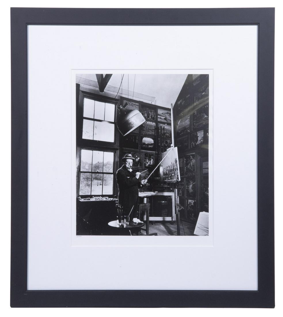 TIME MAGAZINE PORTRAIT OF WINSTON CHURCHILL PAINTING AT HIS ANCESTRAL HOME, CHARTWELL, KENT: From the "Life Picture Collection", taken by Hans Oswald Wild in 1945, numbered photo no. 13/250, DOA verso, "Limited Life Edition" embossed lower right, in black box frame, matted under UV plexi, OS: