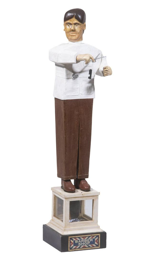 HARVEY R. PETERSON (CONTEMPORARY NORTHPORT, MAINE): John the Barber, carved and painted wood, man in white tunic and brown pants holding scissors, standing on top of a glass box with another man's head inside staring at a mirror, 36 1/2" x 10 1/2" x 8"