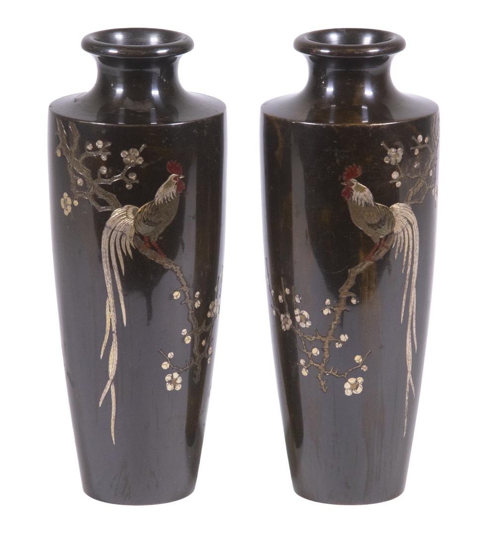 PR JAPANESE INLAID BRONZE VASES: Pair of Meiji Period High Shoulder Vases, each depicting a cockerel perched in a prunus tree, each signed lower body, 7" high, 2 3/4" diam. Surface wear.