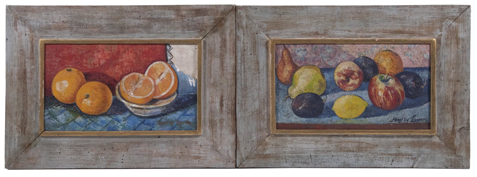 HAYLEY LEVER (NY/MA/UK/AUSTRALIA, 1876-1958): Pair of Fruit Still Lifes, oil on cardboard, both signed lower right, one depicting oranges and the other a variety of fruits, in grey painted distressed wooden frames with gilded inner edge, OS: 14 1