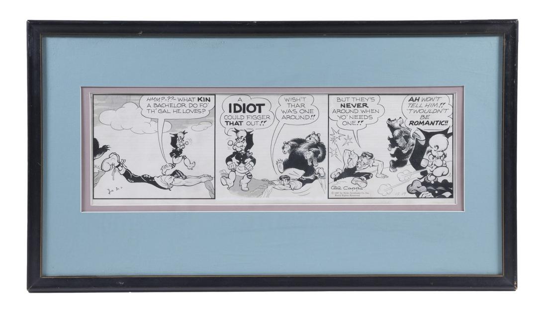 "LI'L ABNER" COMIC STRIP ARTWORK BY AL CAPP (1909-1979): India ink on illustration board with overlays, in black stick frame, pale blue mat, glazed, OS: 14" x 25 1/2", SS: 6" x 19". Three-panel strip signed and dated 12-17-67.Includes a gift letter to Docto