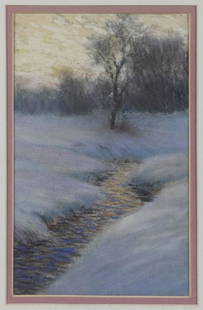 WILLIAM PARTRIDGE BURPEE (ME/MA, 1846-1940): Glimmering Winter Stream, pastel on tan paper, unsigned, in vintage gold stick frame, matted under glass, OS: 12" x 9", SS: 7 1/2" x 4 3/4".