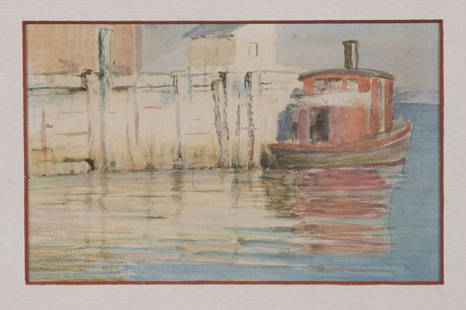 WILLIAM PARTRIDGE BURPEE (ME/MA, 1846-1940): Tug Mooring, Boston Harbor; miniature watercolor on buff paper, unsigned, in white stick frame, matted under glass, double glazed, having an invitation verso to an exhibition at Burpee's studio at 110