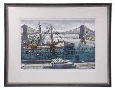 WOLDEMAR NEUFELD (NY/CANADA/RUSSIA, 1909-2002): "Fulton Market Pier", woodblock, initialed in print lower right, pencil signed, titled and numbered 9/10, in black and gold molded frame, matted and glazed, OS: 20 1/2" x 26", image: 12" x 18", good c