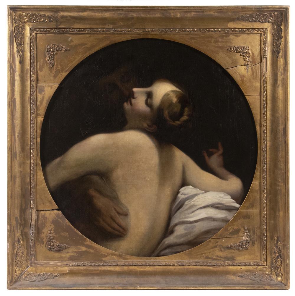 ATTRIBUTED TO THOMAS SULLY (PA/UK, 1783-1872): Jupiter and Io, oil on hand loomed linen, unsigned, in period gold square frame with round spandrel, OS: 27" diam., SS: 21" diam.