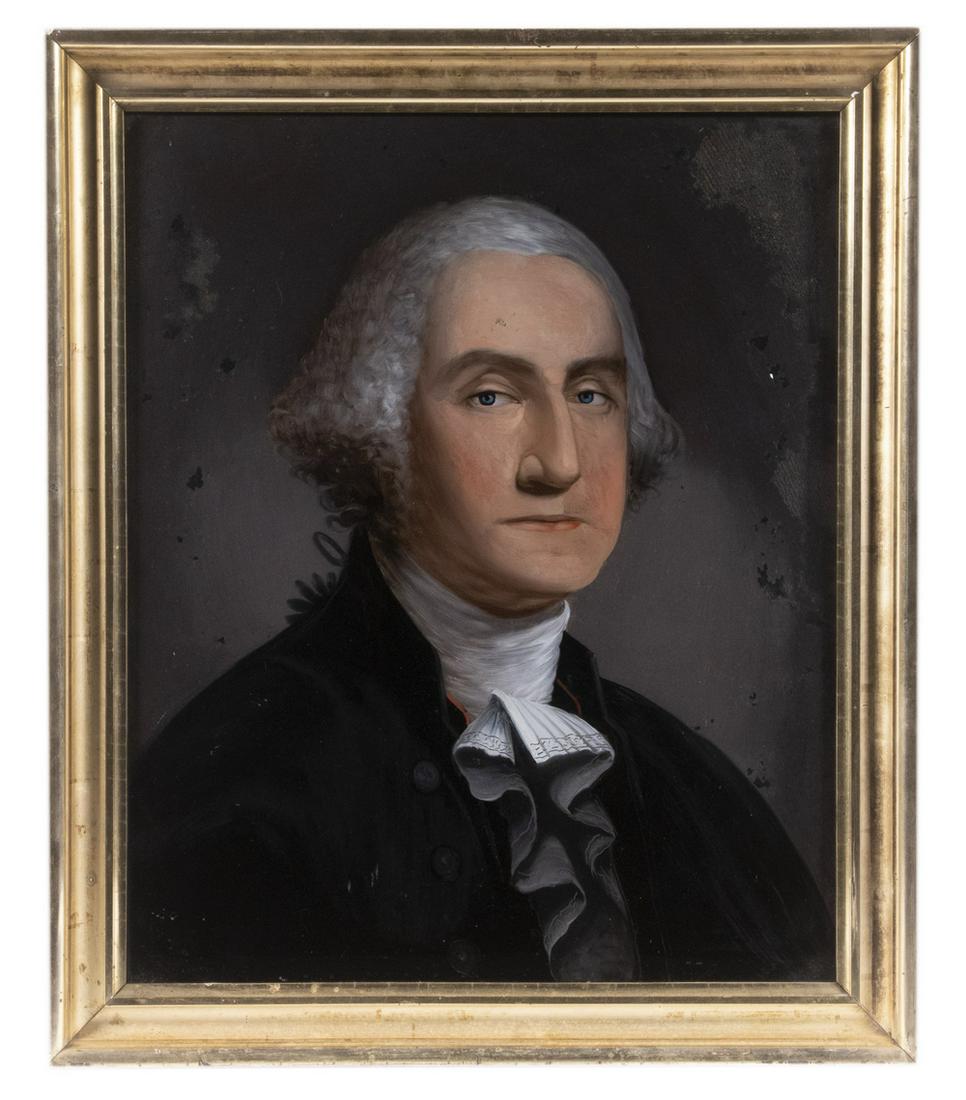 REVERSE PAINTED PORTRAIT OF GEORGE WASHINGTON, CA 1876: Probable Centennial portrait (reverse glass painting was reaching it's apogee at that time), heavily influenced by the Gilbert Stuart portraits. Housed in what is probably the original lemon gold cove