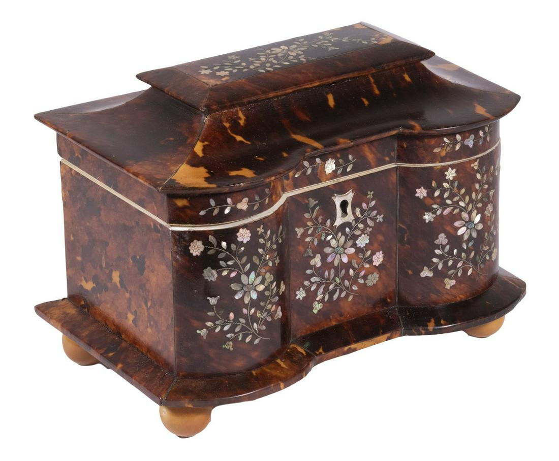 MOTHER-OF-PEARL INLAID TORTOISESHELL TEA CADDY (1 of 5)