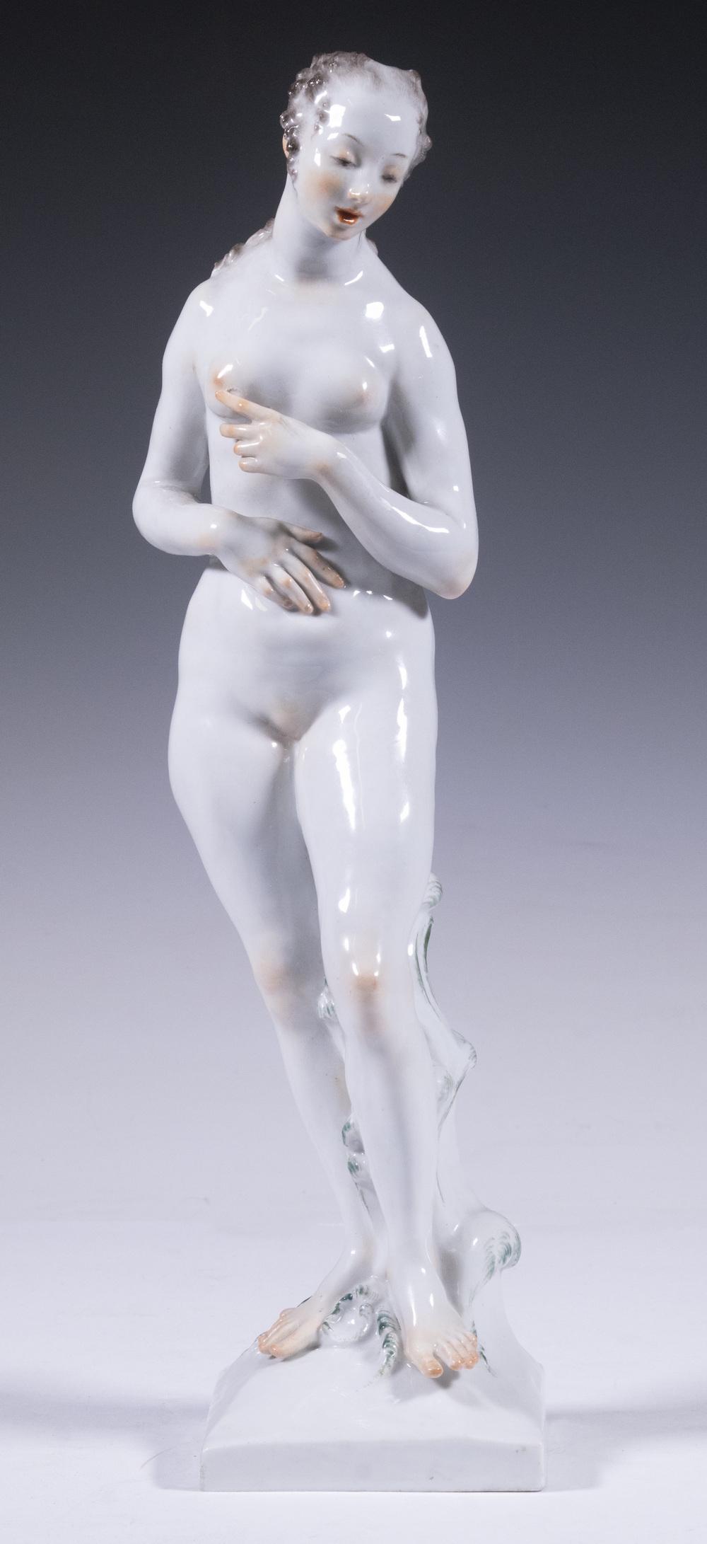 MEISSEN PORCELAIN VENUS FIGURINE: 1920s Period German Porcelain Figurine, depicting a standing nude figure of Venus, modeled in 1921 by Paul Scheurich (1883-1945), with underglaze blue crossed swords mark, base incised A-1043, 13 1/2"