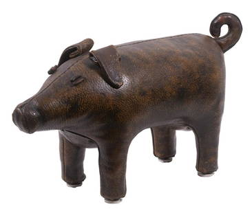 VINTAGE OMERSA LEATHER PIG FOOTSTOOL: Vintage Leather Ottoman, with leather eyes and curved tail, unmarked but likely by English maker Omersa (maker of leather animals retailed by Liberty of London and Abercrombie & Fitch), 11" high, 20"