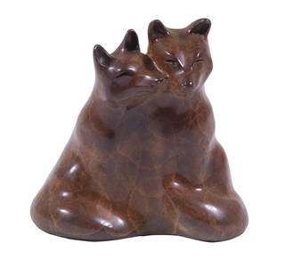 ROBERT DEURLOO (ID/CA, 1946- ): "Little Lovers", limited edition bronze sculpture with polished stone patina, #130/1000, signed at back near base, depicting nuzzling foxes, 5" high, 4 1/2" x 3". Good condition.