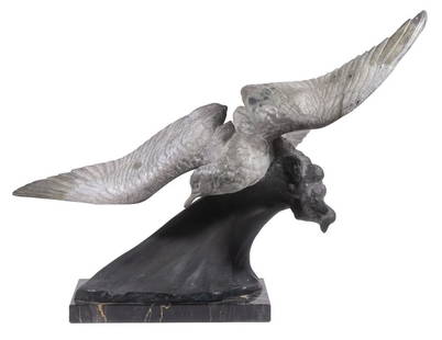 HENRI LECHESNE (FRANCE, 1869-?): Seagull, cast metal sculpture on black metal base, signed "H. Lechesne" on base,mounted on a striated black marble plinth, 18" high, 28" x 7".