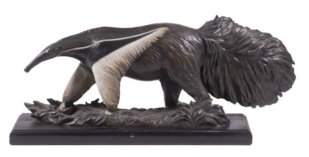 B.J. MARTIN (US, 20TH C.): "Anteater", limited edition polychrome bronze sculpture, #3/18, signed, titled and dated 1986 at base edge, mounted on an ebonized wooden plinth, with pamphlet about the artist and their work, 8 1/2"